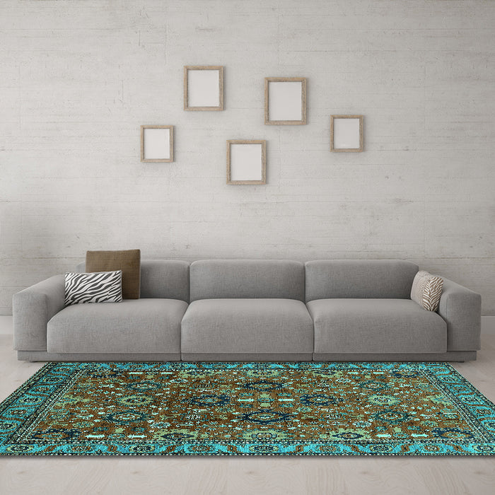 Machine Washable Oriental Turquoise Industrial Area Rugs in a Living Room,, wshurb733turq