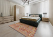 Mid-Century Modern Camel Brown Oriental Rug in a Bedroom, urb734