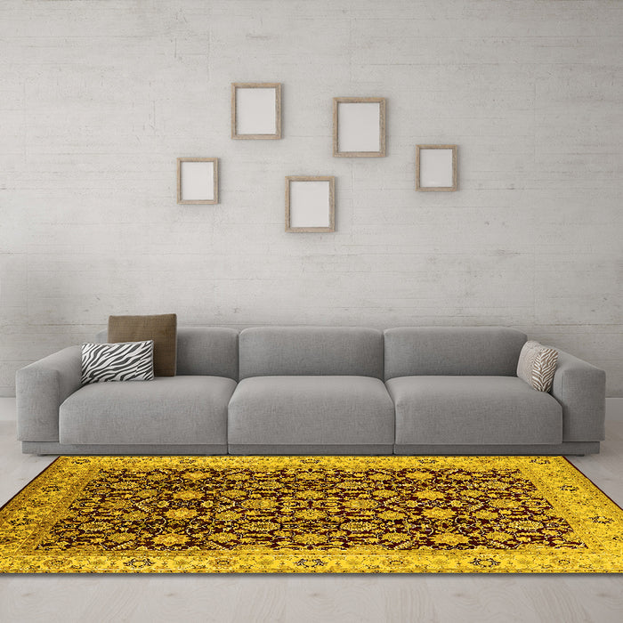 Machine Washable Oriental Yellow Industrial Rug in a Living Room, wshurb737yw