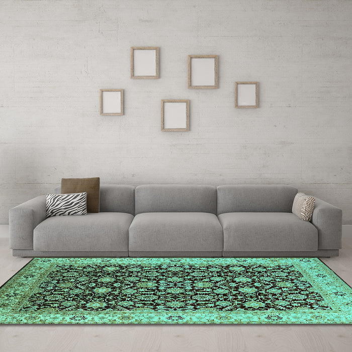 Machine Washable Oriental Turquoise Industrial Area Rugs in a Living Room,, wshurb737turq