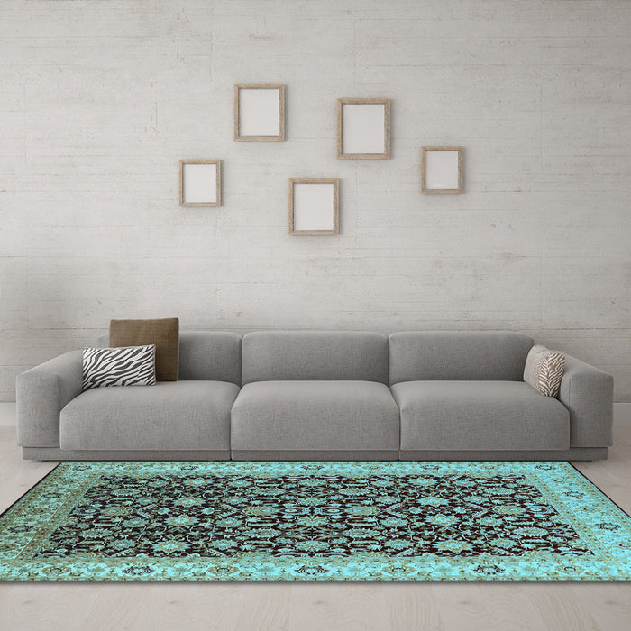Machine Washable Oriental Light Blue Industrial Rug in a Living Room, wshurb737lblu