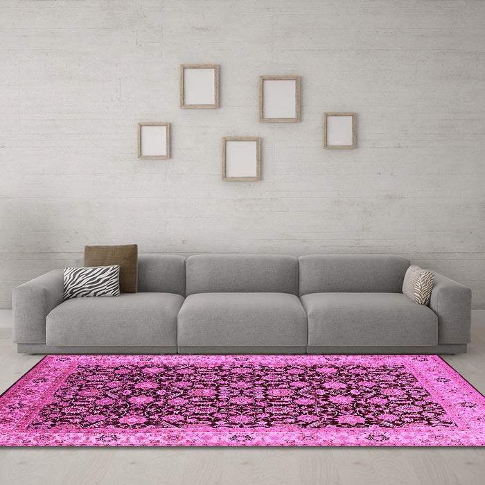 Machine Washable Oriental Pink Industrial Rug in a Living Room, wshurb737pnk