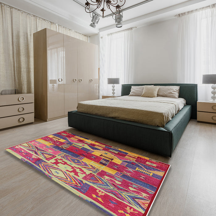 Mid-Century Modern Camel Brown Oriental Rug in a Bedroom, urb738