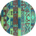 Round Machine Washable Oriental Turquoise Industrial Area Rugs, wshurb738turq