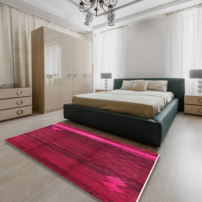 Mid-Century Modern Crimson Red Oriental Rug in a Bedroom, urb739