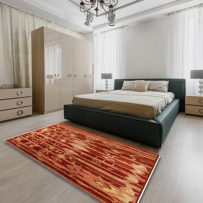Mid-Century Modern Red Oriental Rug in a Bedroom, urb742