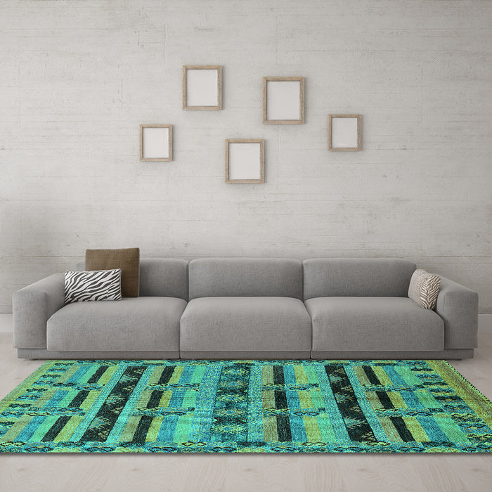 Machine Washable Oriental Turquoise Industrial Area Rugs in a Living Room,, wshurb746turq
