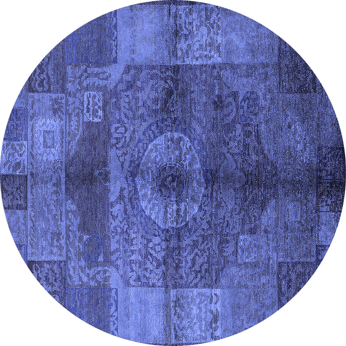 Round Machine Washable Oriental Blue Industrial Rug, wshurb747blu