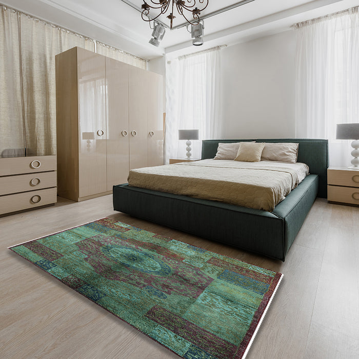 Mid-Century Modern Charcoal Gray Oriental Rug in a Bedroom, urb747