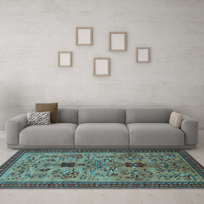 Machine Washable Oriental Light Blue Industrial Rug in a Living Room, wshurb750lblu