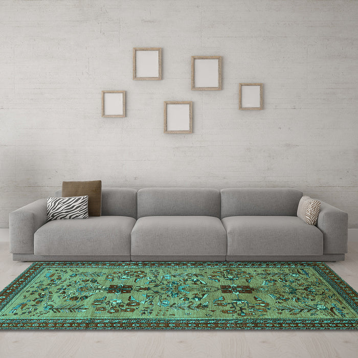 Machine Washable Oriental Turquoise Industrial Area Rugs in a Living Room,, wshurb750turq