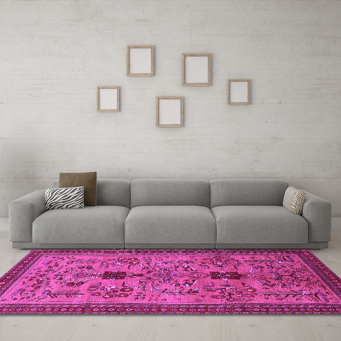 Machine Washable Oriental Pink Industrial Rug in a Living Room, wshurb750pnk