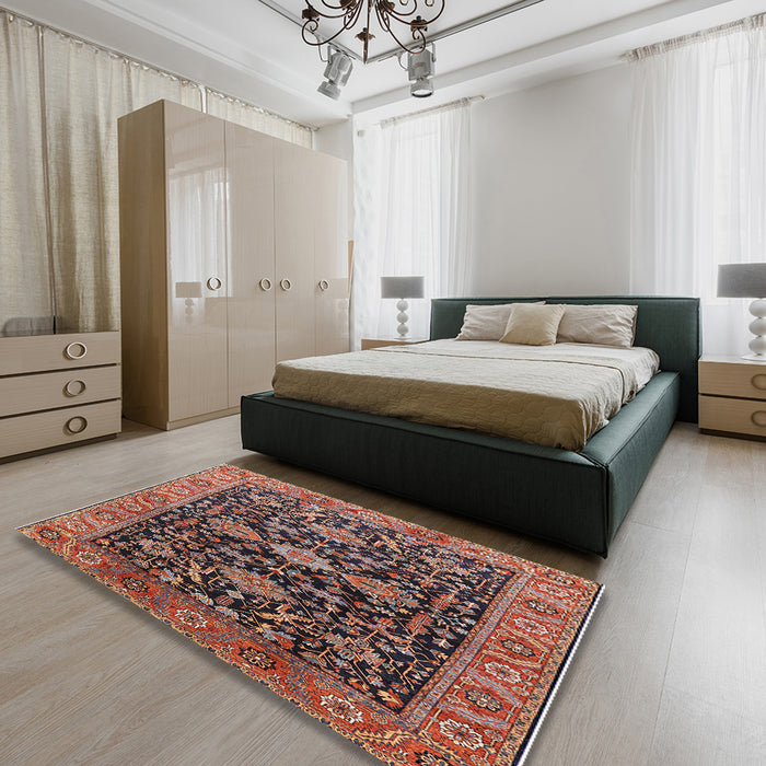 Mid-Century Modern Camel Brown Oriental Rug in a Bedroom, urb751