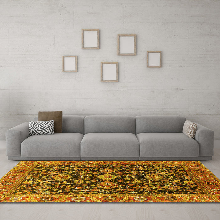 Machine Washable Oriental Yellow Industrial Rug in a Living Room, wshurb751yw