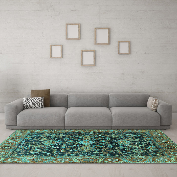 Machine Washable Oriental Turquoise Industrial Area Rugs in a Living Room,, wshurb751turq