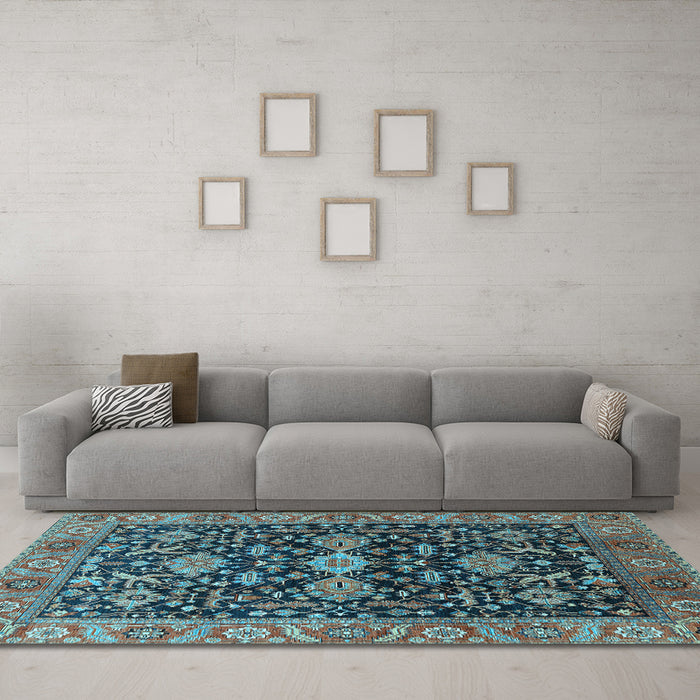 Machine Washable Oriental Light Blue Industrial Rug in a Living Room, wshurb751lblu