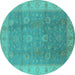 Round Machine Washable Oriental Turquoise Traditional Area Rugs, wshurb752turq