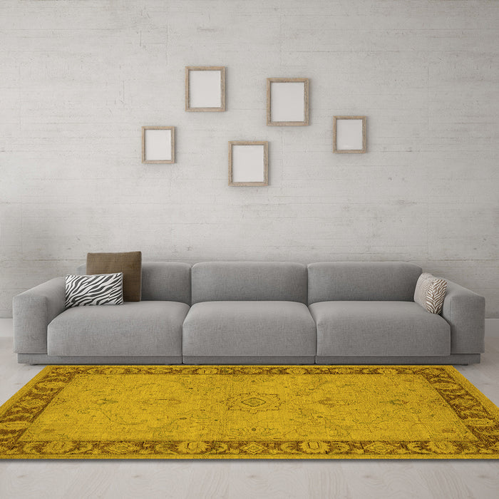 Machine Washable Oriental Yellow Traditional Rug in a Living Room, wshurb754yw