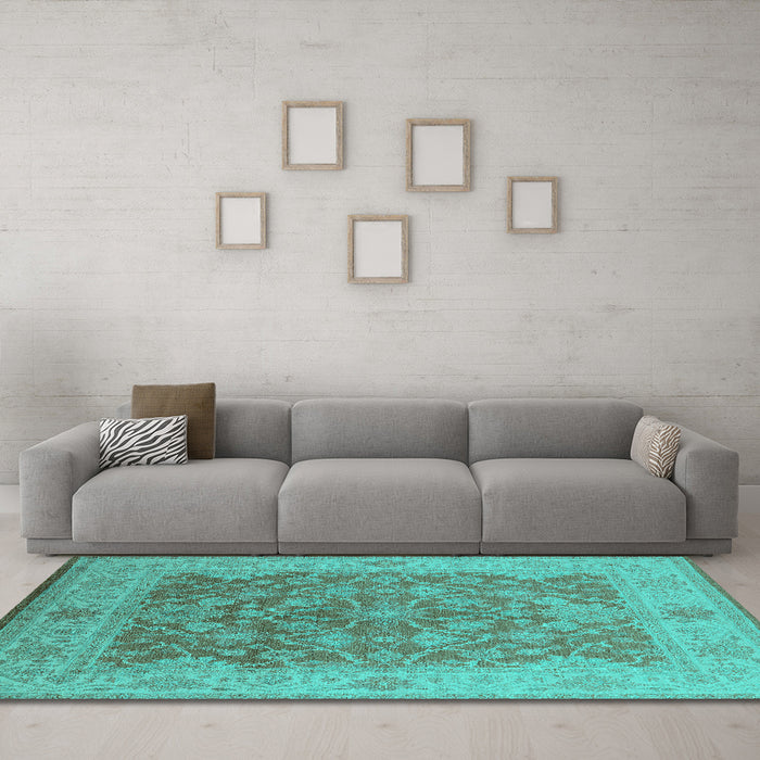 Machine Washable Oriental Turquoise Traditional Area Rugs in a Living Room,, wshurb755turq