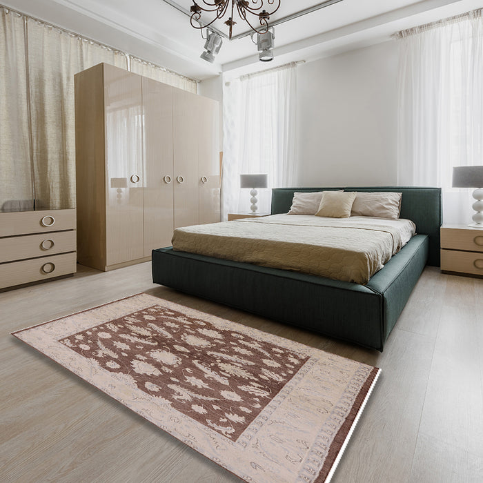 Mid-Century Modern Sienna Brown Oriental Rug in a Bedroom, urb756