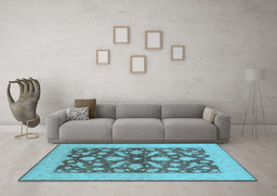 Machine Washable Oriental Light Blue Traditional Rug in a Living Room, wshurb756lblu