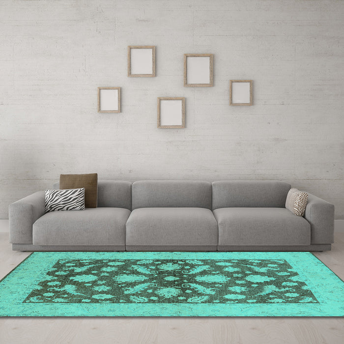 Machine Washable Oriental Turquoise Traditional Area Rugs in a Living Room,, wshurb756turq