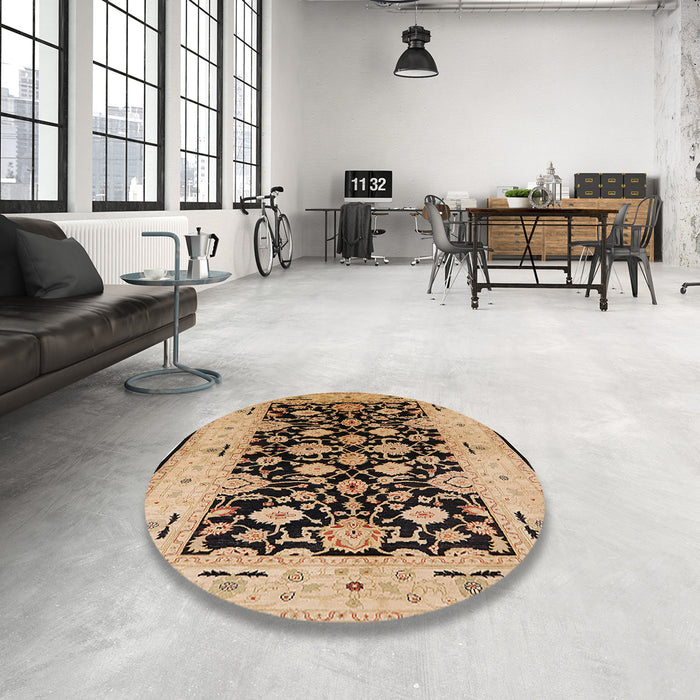 Round Mid-Century Modern Sangria Brown Oriental Rug in a Office, urb757