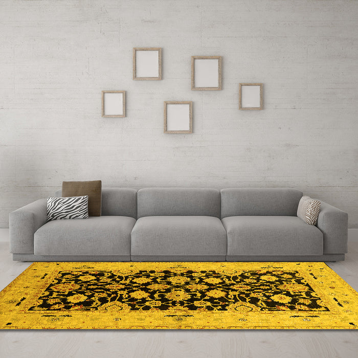 Machine Washable Oriental Yellow Traditional Rug in a Living Room, wshurb757yw