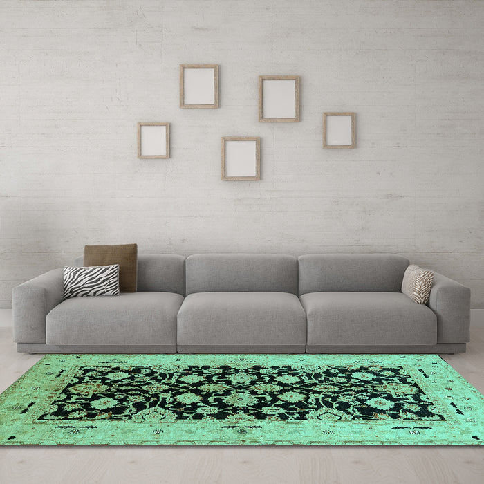 Machine Washable Oriental Turquoise Traditional Area Rugs in a Living Room,, wshurb757turq