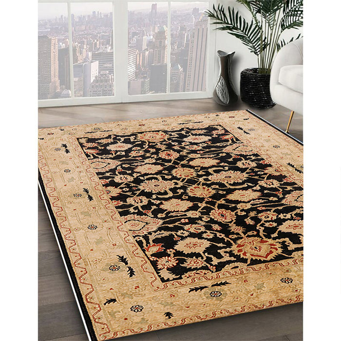 Mid-Century Modern Sangria Brown Oriental Rug in Family Room, urb757