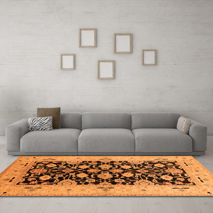 Machine Washable Oriental Orange Traditional Area Rugs in a Living Room, wshurb757org