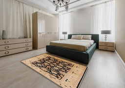 Mid-Century Modern Sangria Brown Oriental Rug in a Bedroom, urb757