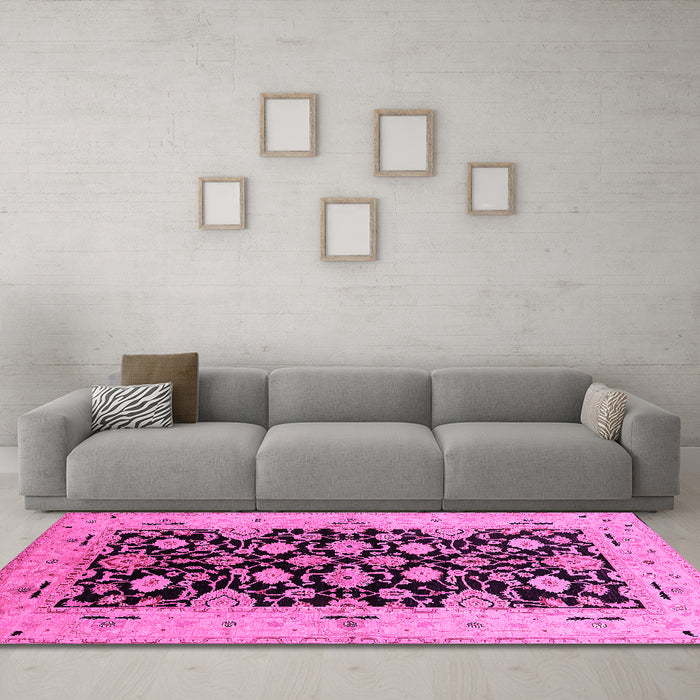 Machine Washable Oriental Pink Traditional Rug in a Living Room, wshurb757pnk