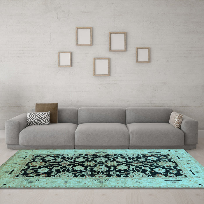 Machine Washable Oriental Light Blue Traditional Rug in a Living Room, wshurb757lblu