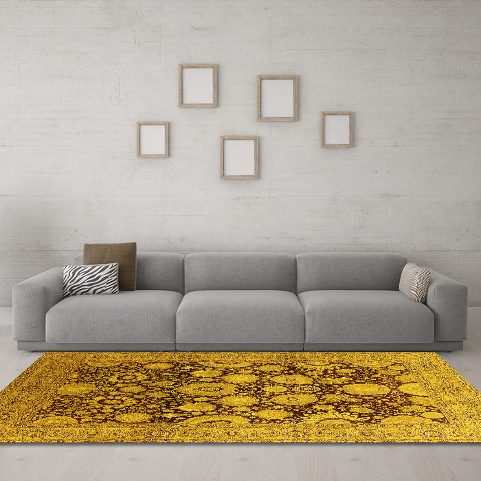 Machine Washable Oriental Yellow Traditional Rug in a Living Room, wshurb758yw