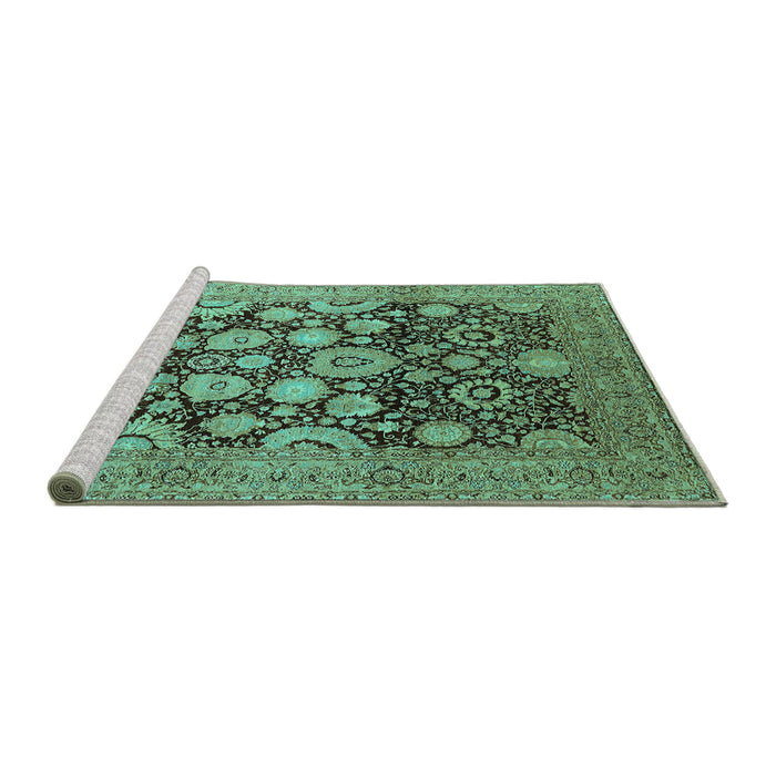 Sideview of Machine Washable Oriental Turquoise Traditional Area Rugs, wshurb758turq