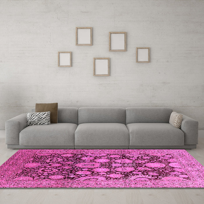 Machine Washable Oriental Pink Traditional Rug in a Living Room, wshurb758pnk