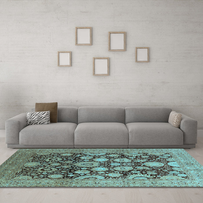 Machine Washable Oriental Light Blue Traditional Rug in a Living Room, wshurb758lblu