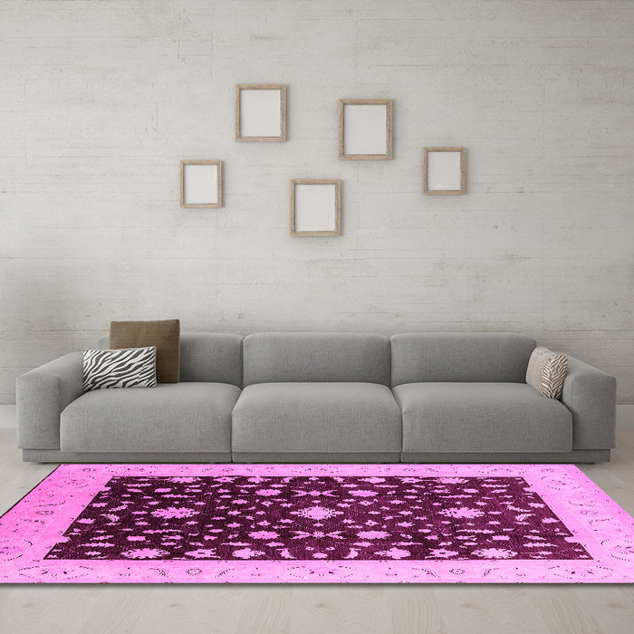 Machine Washable Oriental Pink Traditional Rug in a Living Room, wshurb759pnk