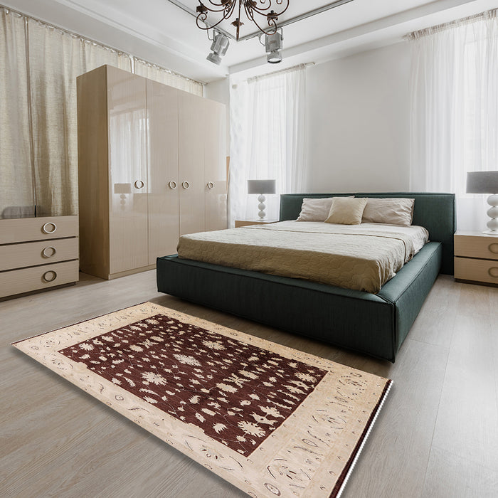 Mid-Century Modern Red Brown Oriental Rug in a Bedroom, urb759