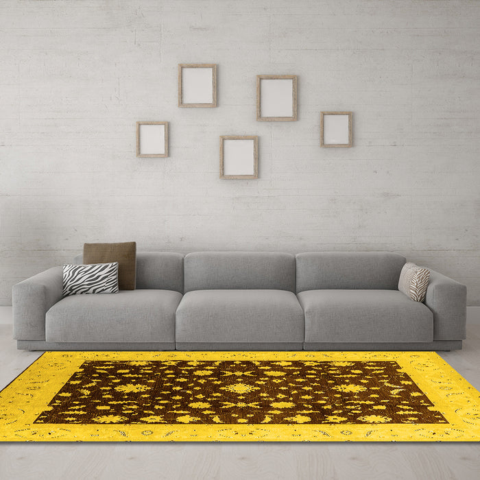Machine Washable Oriental Yellow Traditional Rug in a Living Room, wshurb759yw