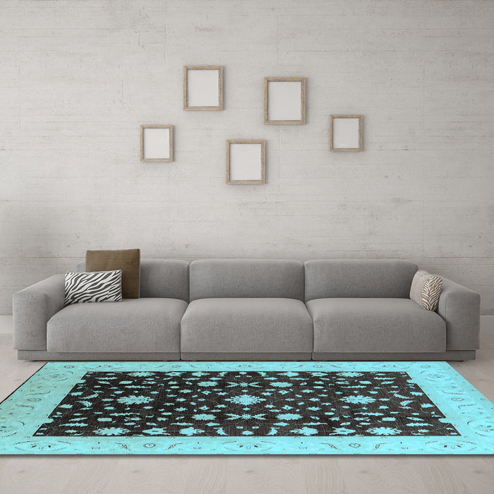 Machine Washable Oriental Light Blue Traditional Rug in a Living Room, wshurb759lblu