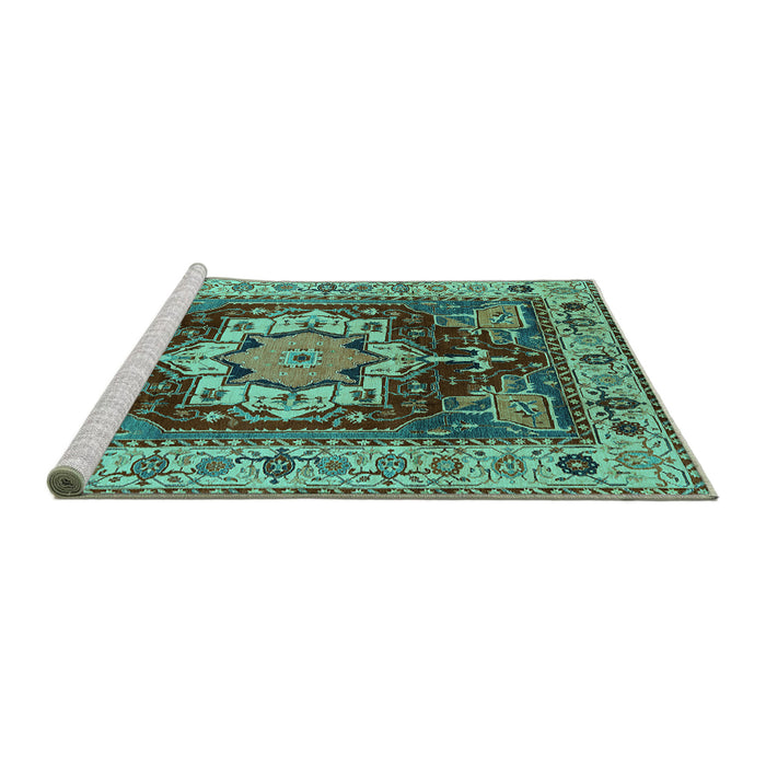 Sideview of Machine Washable Persian Turquoise Traditional Area Rugs, wshurb760turq
