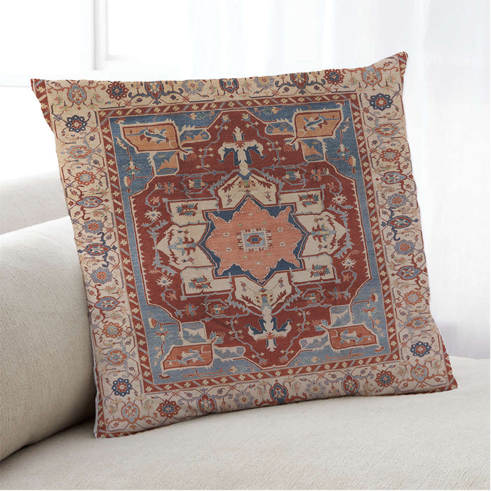 Lifestyle Image of Mid-Century Modern Urban Square Fire Brick Red Throw Pillow, 18 inch by 18 inch, pwurb760