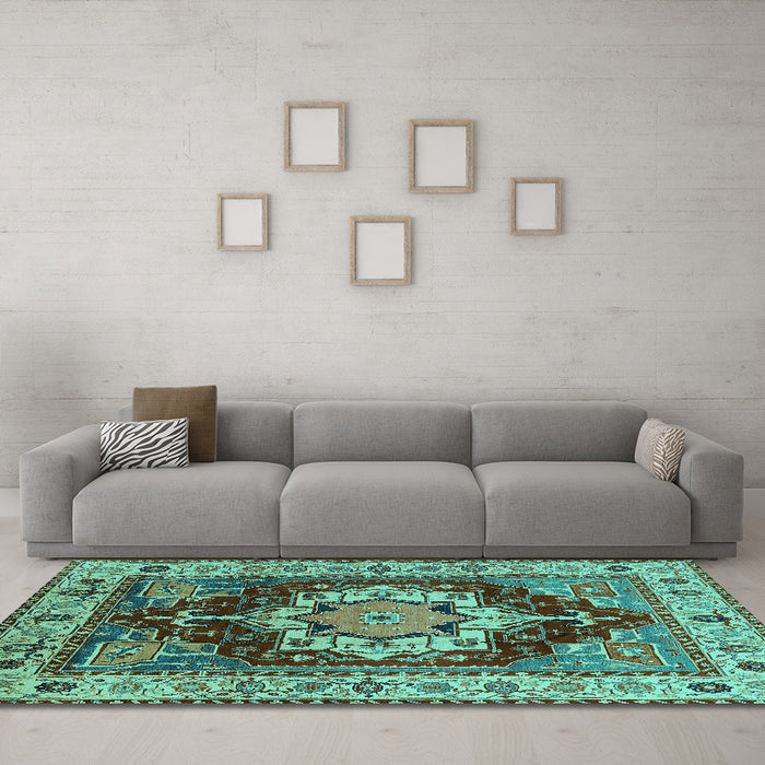 Machine Washable Persian Turquoise Traditional Area Rugs in a Living Room,, wshurb760turq