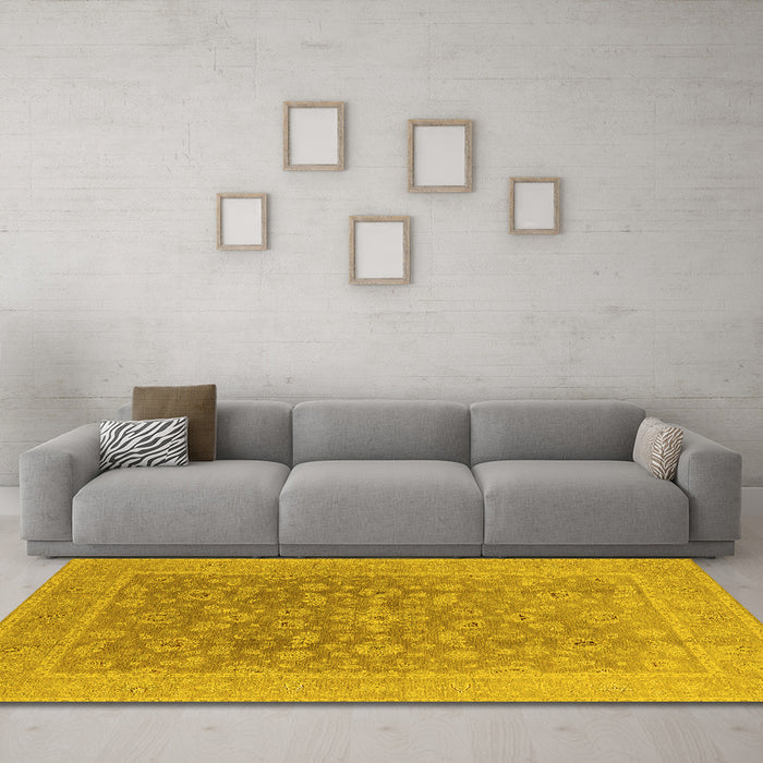 Machine Washable Oriental Yellow Traditional Rug in a Living Room, wshurb761yw