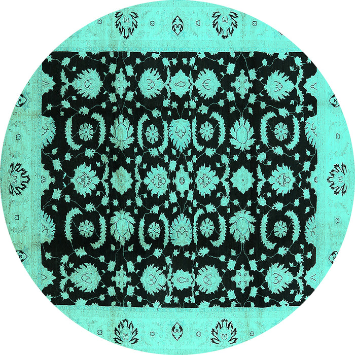 Round Machine Washable Oriental Turquoise Traditional Area Rugs, wshurb762turq