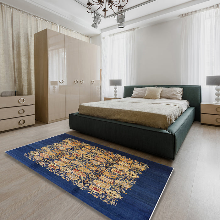 Mid-Century Modern Dark Almond Brown Oriental Rug in a Bedroom, urb763