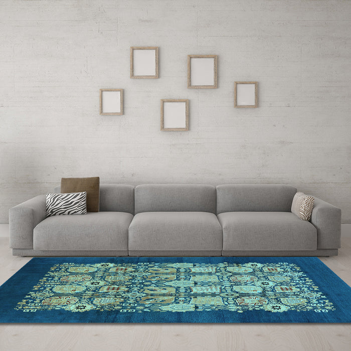 Machine Washable Oriental Light Blue Industrial Rug in a Living Room, wshurb764lblu