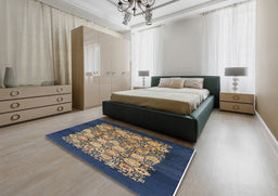 Mid-Century Modern Brown Oriental Rug in a Bedroom, urb764